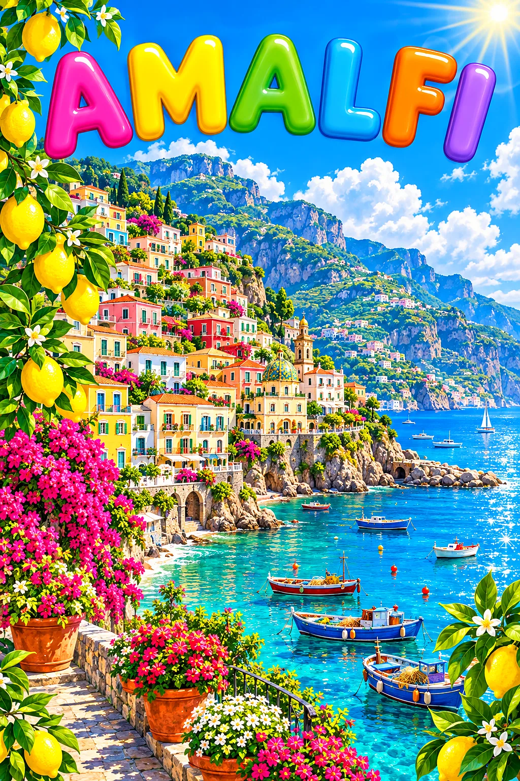 Portrait diamond painting of a cliffside Italian village with pastel houses, lemon trees, fishing boats, and turquoise water under a blue sky.