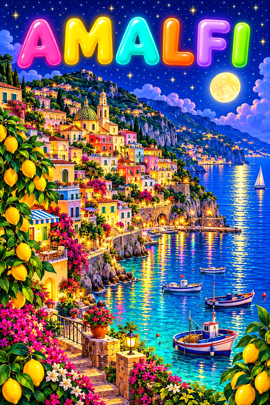 Whimsical diamond painting of Amalfi at night with glowing houses, lemon trees, boats, and a starry indigo sky.
