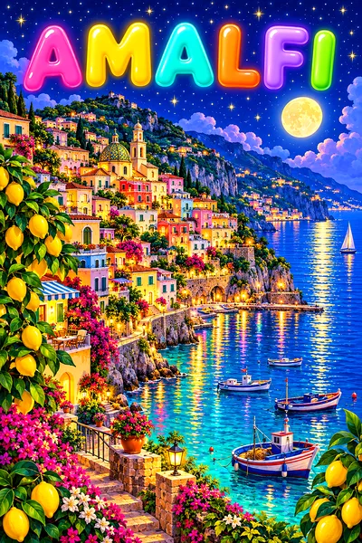 Whimsical diamond painting of Amalfi at night with glowing houses, lemon trees, boats, and a starry indigo sky.