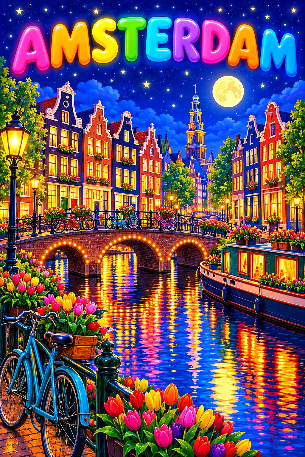 Amsterdam by night Netherlands: a canal of tall gabled houses with bicycles on a bridge, tulip boxes and a houseboat, at nigh