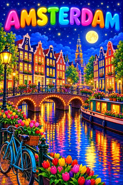 Amsterdam by night Netherlands: a canal of tall gabled houses with bicycles on a bridge, tulip boxes and a houseboat, at nigh