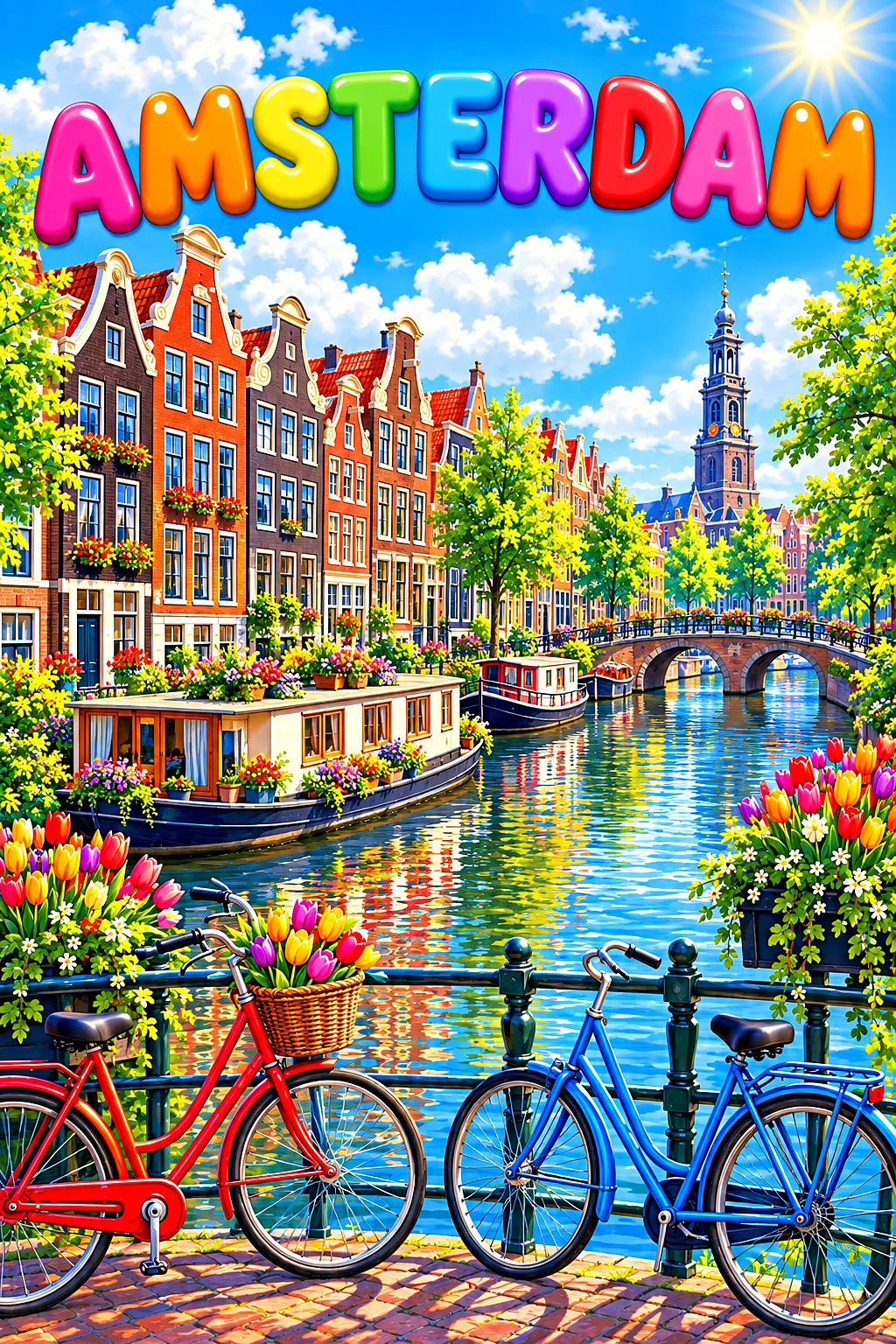 Portrait diamond painting of a sunlit Amsterdam canal with gabled houses, a bridge with bicycles, tulips, and a houseboat under a blue sky.