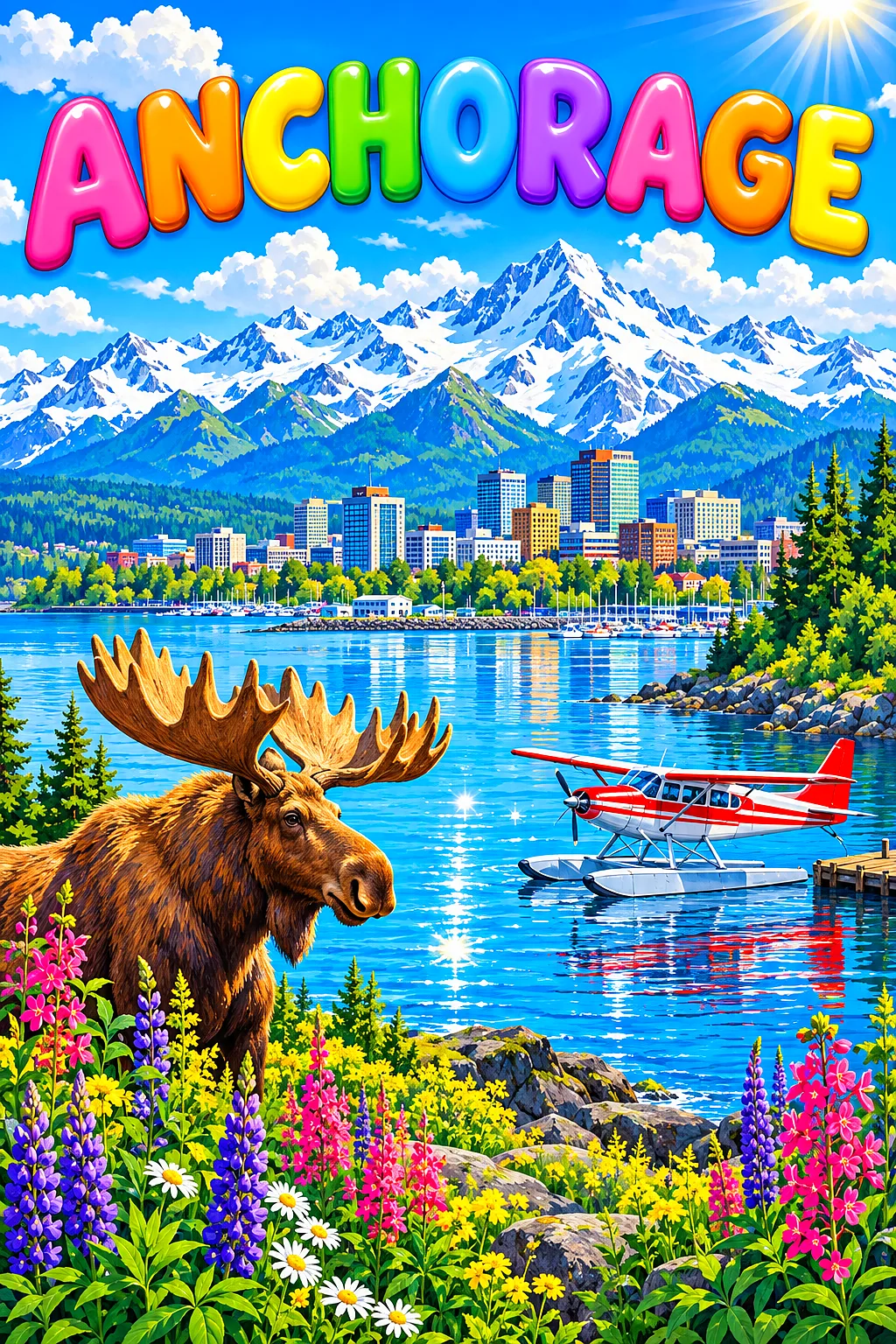 Whimsical diamond painting kit showing a floatplane on water, a moose, wildflowers, snowy mountains, and a bright blue sky in Anchorage.