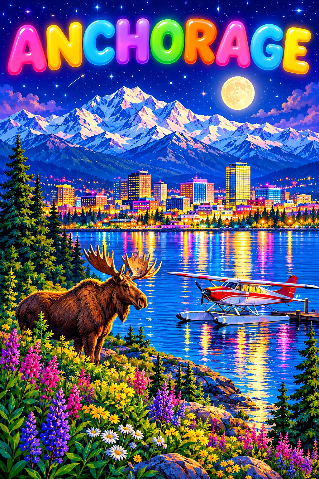 Whimsical Anchorage city at night diamond painting kit with glowing windows, floatplane, moose, and starry sky.