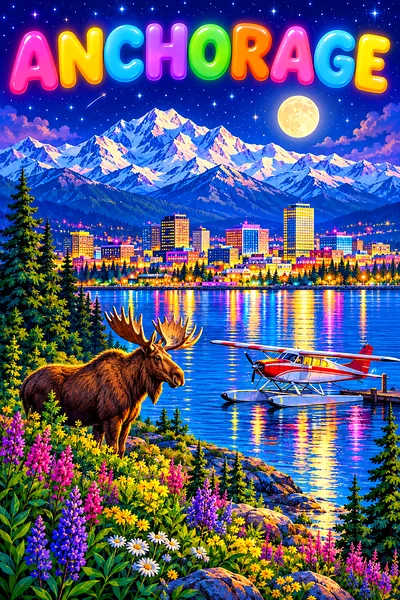 Whimsical Anchorage city at night diamond painting kit with glowing windows, floatplane, moose, and starry sky.