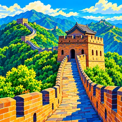 Close-up retro vintage illustration of the Great Wall of China winding over vibrant green mountains under a blue sky, in a square composition.
