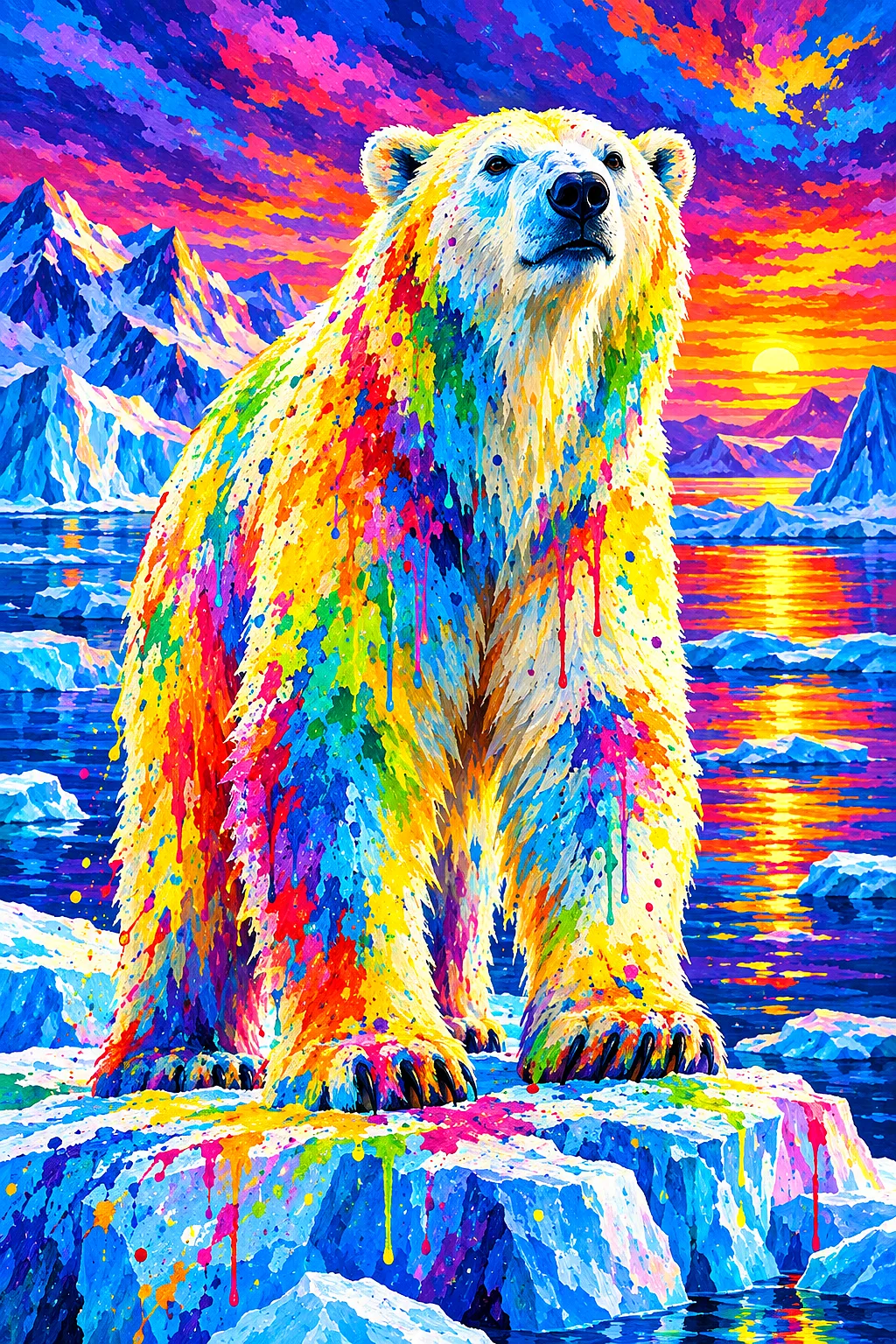 Portrait diamond painting of a polar bear on arctic ice at twilight, with a jewel-toned sky and high-energy rainbow acrylic paint splashes and drips a