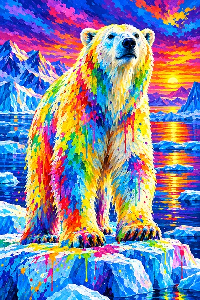 Portrait diamond painting of a polar bear on arctic ice at twilight, with a jewel-toned sky and high-energy rainbow acrylic paint splashes and drips a
