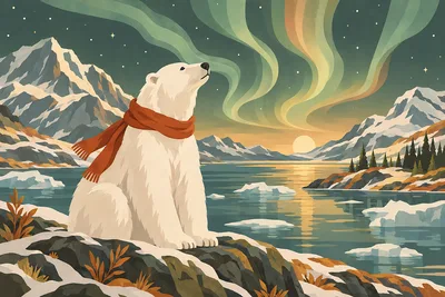 A landscape diamond painting kit depicting a polar bear wearing a red scarf under green and yellow northern lights, illustrated in a modern boho style