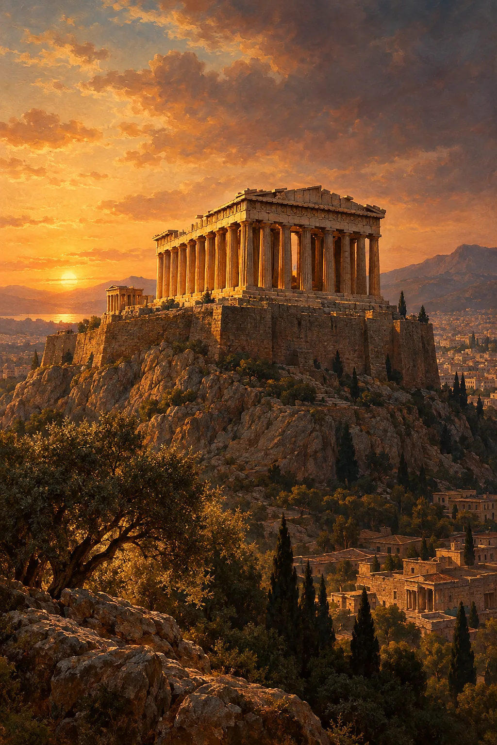 Portrait diamond painting of the Parthenon on the Acropolis at dusk, with dramatic rim lighting and deep contrast, in a classical oil painting style w