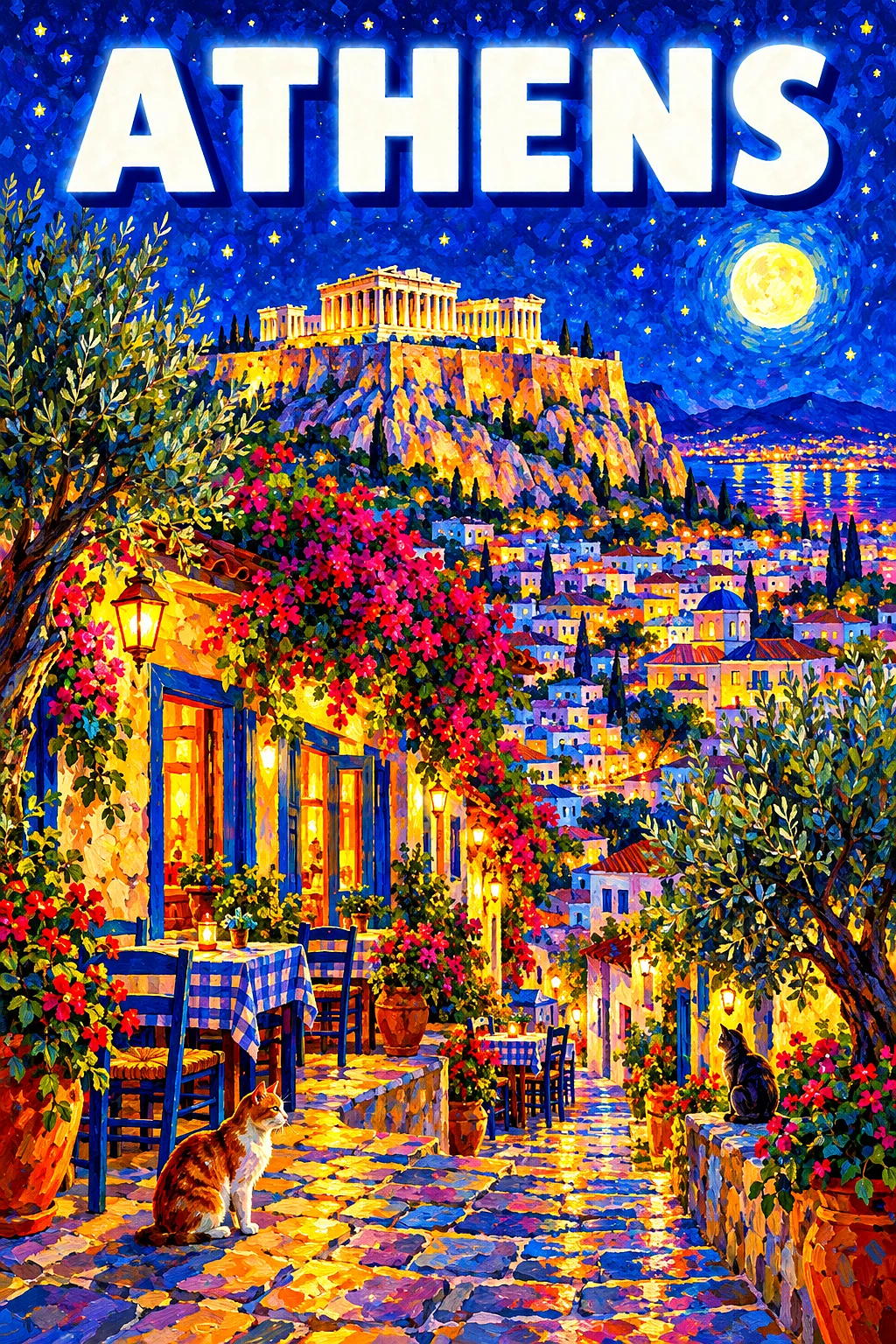 Athens by night Greece: an ancient marble temple on a hill above a plaka street of tavernas, olive trees and cats, at night u