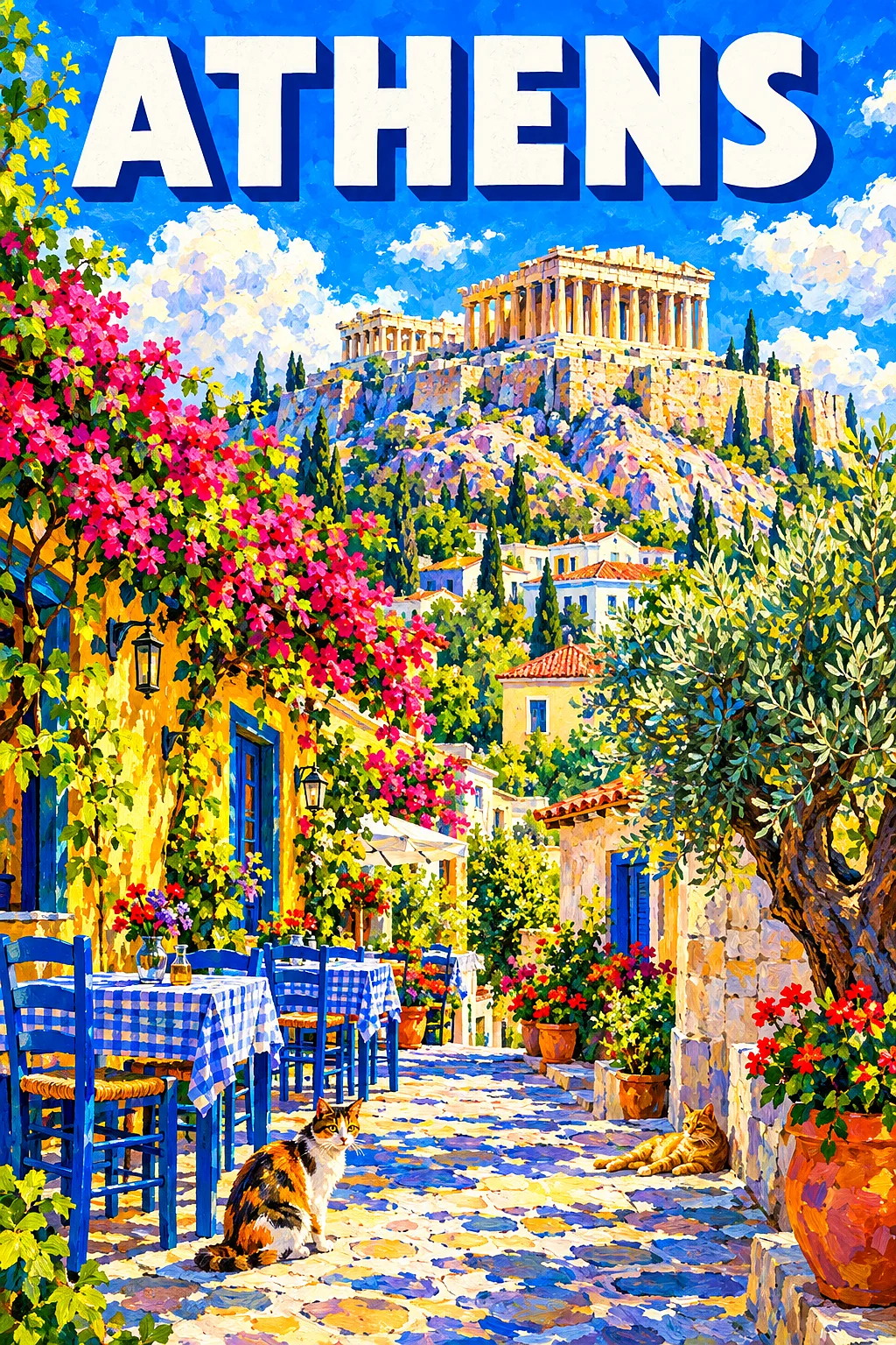 Impressionist diamond painting depicting an ancient marble temple on a hill overlooking a bustling plaka street with olive trees, tavernas, cats, unde