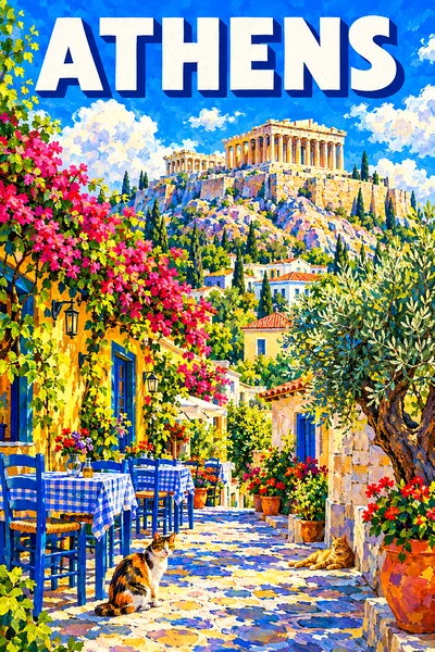 Impressionist diamond painting depicting an ancient marble temple on a hill overlooking a bustling plaka street with olive trees, tavernas, cats, unde