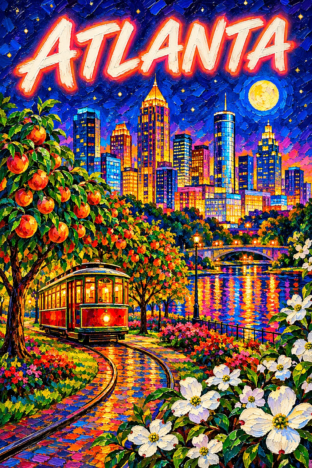 Portrait diamond painting of a vibrant, colorful city skyline at night with a vintage trolley, peach trees, and glowing moon.