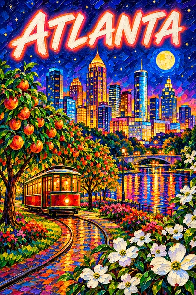 Portrait diamond painting of a vibrant, colorful city skyline at night with a vintage trolley, peach trees, and glowing moon.