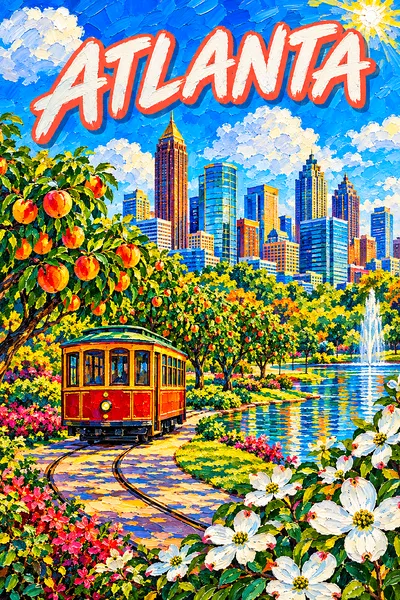 Portrait diamond painting depicting a peach-tree park with white dogwood blossoms, a vintage trolley, and a curved city skyline under a vivid blue sky