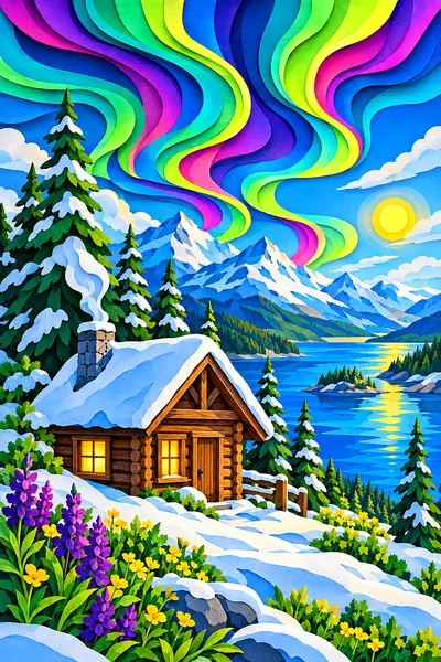 A diamond painting kit showing a cozy wooden cabin nestled in deep snow under a vibrant display of the northern lights, depicted in a unique layered p