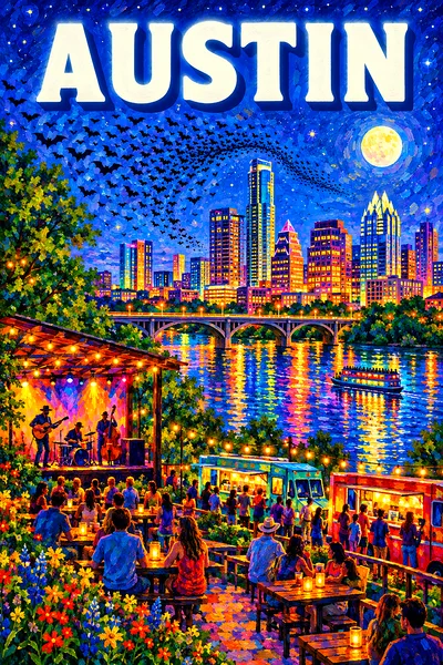 Impressionist diamond painting of an Austin night with a river bridge, bats, glowing skyline, food trucks, and a starry sky.