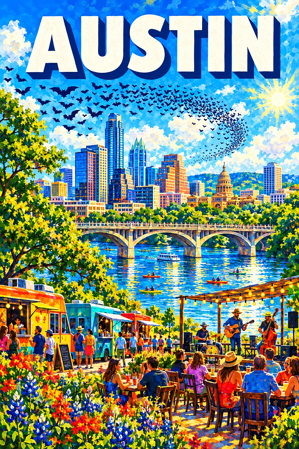 Impressionistic portrait diamond painting of a sunny Austin skyline with a river bridge, swirling bats, food trucks, and live music on a patio under a