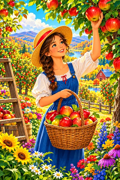Whimsical portrait diamond painting of an apple orchard at harvest time with bright red apples and colorful flowers glowing softly under a cheerful sk