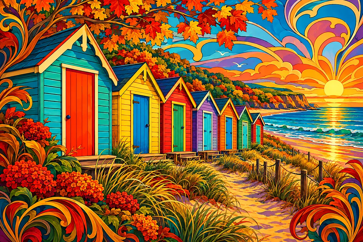An art nouveau style diamond painting kit featuring a row of colorful beach huts in rich autumn jewel tones, with flowing ornamental lines, on a lands