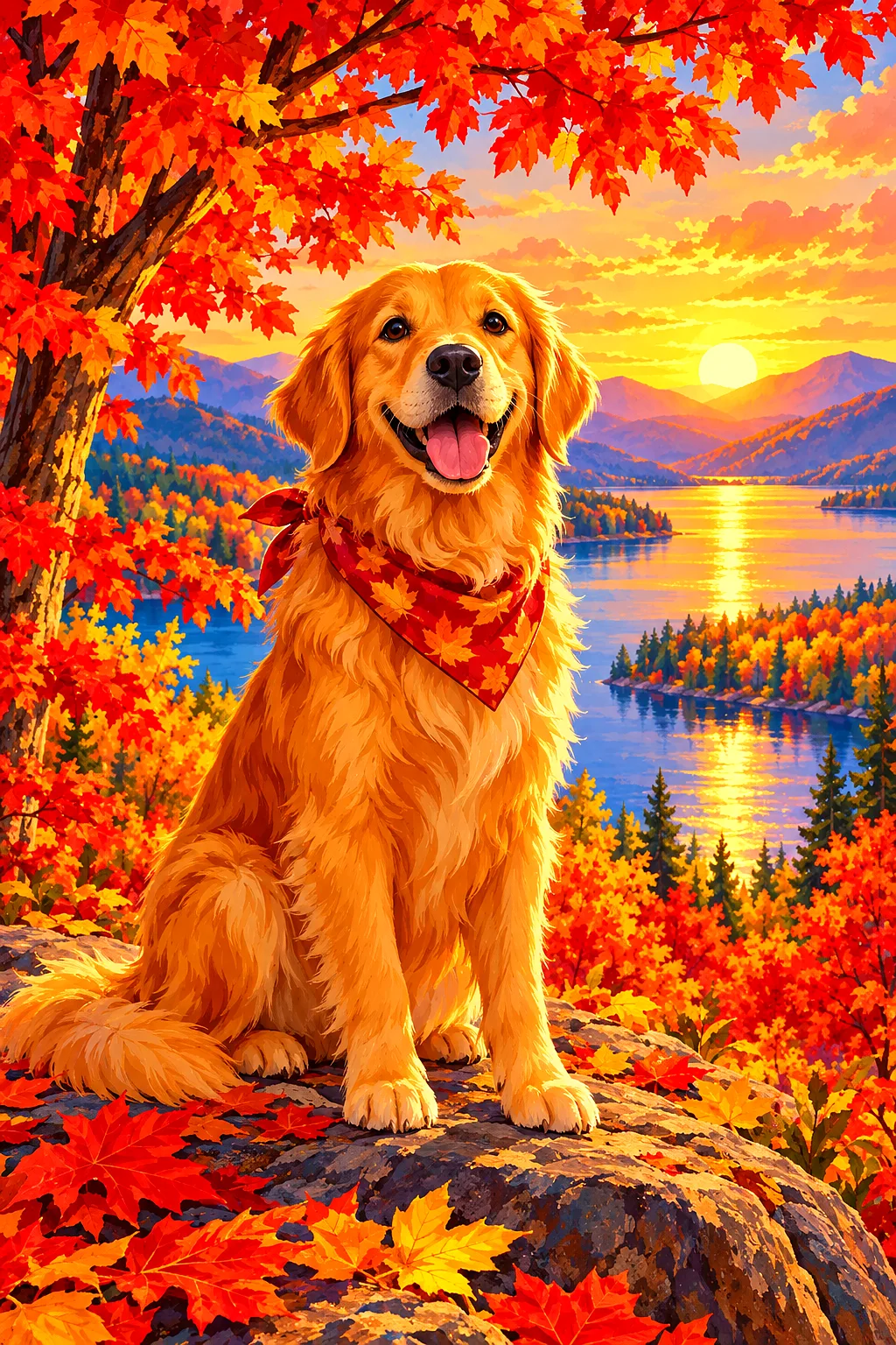 Whimsical illustration of maple trees with leaves in blazing red and orange, glowing in warm golden hour light, in a portrait orientation diamond pain