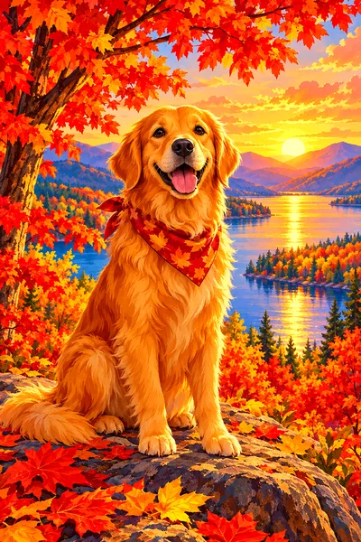 Whimsical illustration of maple trees with leaves in blazing red and orange, glowing in warm golden hour light, in a portrait orientation diamond pain