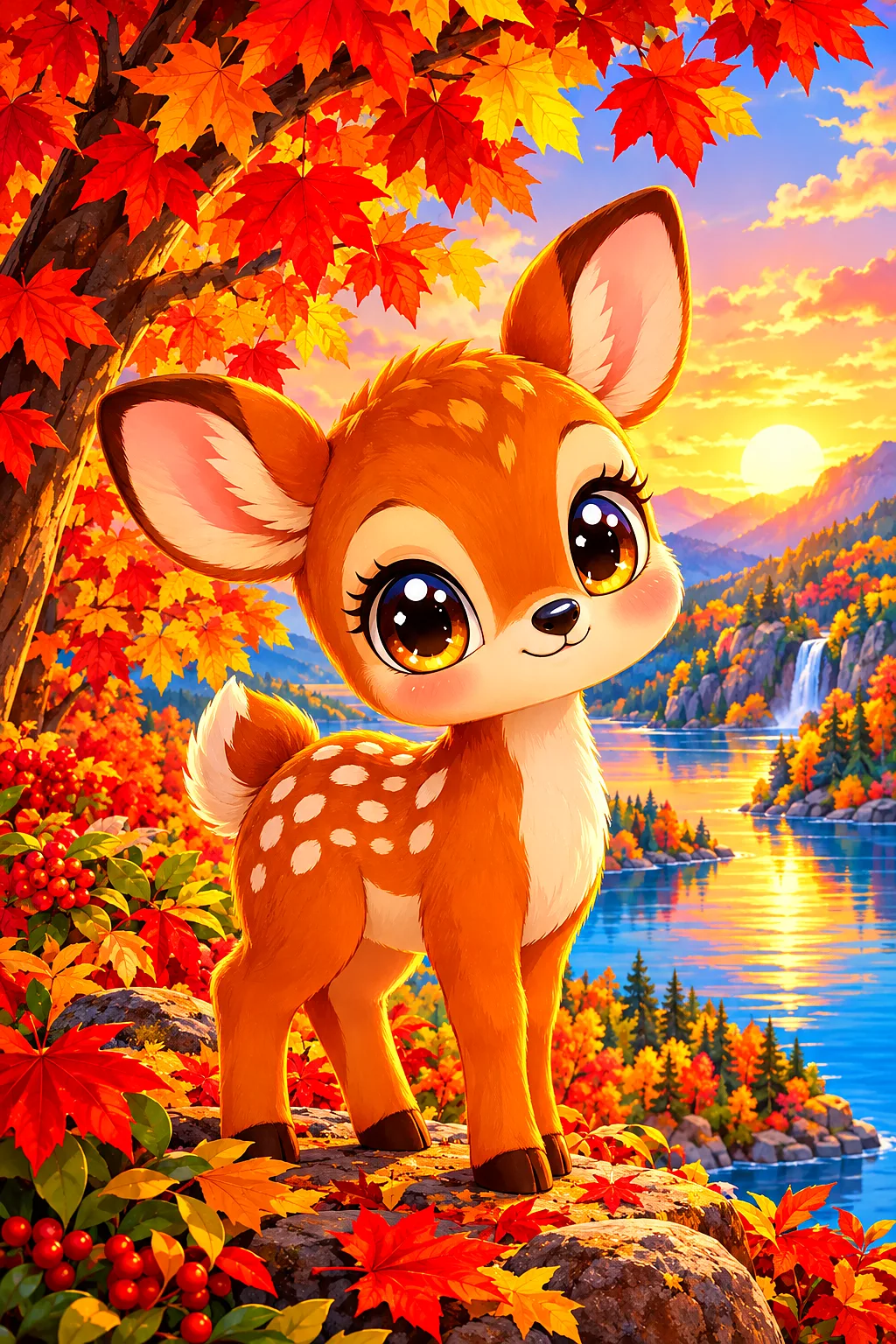 Close-up of a whimsical cartoon diamond painting featuring two maple trees with blazing red and orange leaves, big sparkling eyes, and rounded shapes,