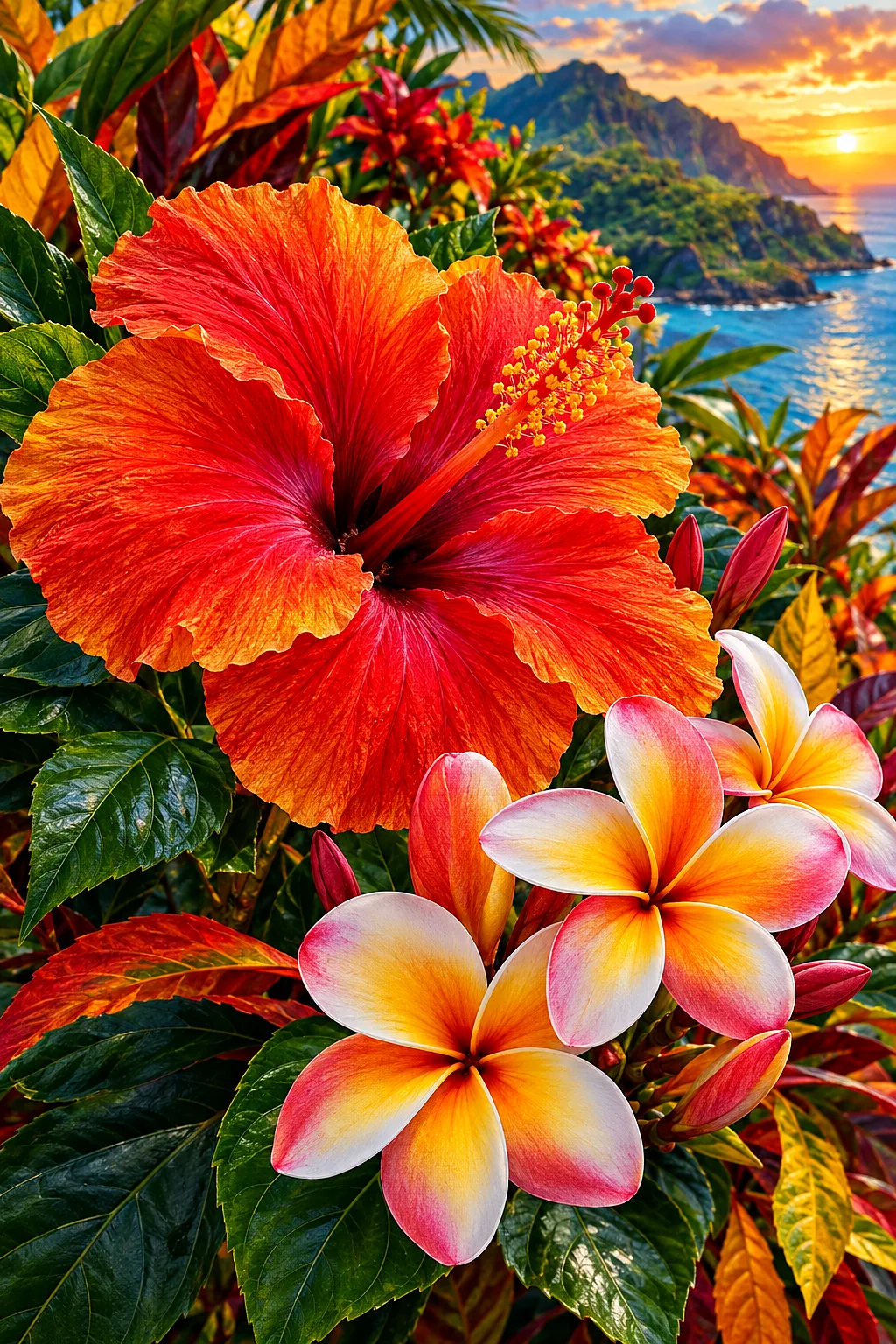 A hyper-detailed, photorealistic diamond painting of hibiscus and plumeria flowers in rich autumn tones, rendered in a portrait orientation.