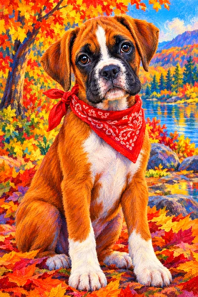 A diamond painting depicting a boxer puppy with a red bandana, rendered in a vibrant soft pastel chalk style with rich autumn colors.