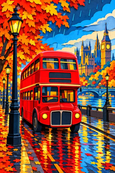 Portrait view of a finished diamond painting depicting a red double-decker bus on a rainy autumn city street, rendered in a layered papercut art style