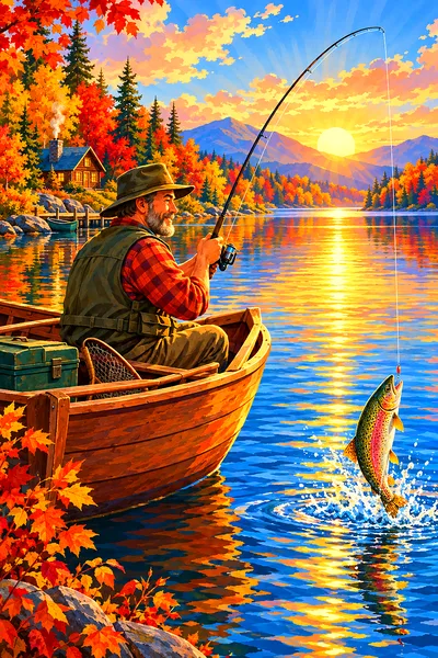 Whimsical illustration of a fisherman on a boat at dawn, surrounded by soft glowing light and cheerful bright autumn colors.