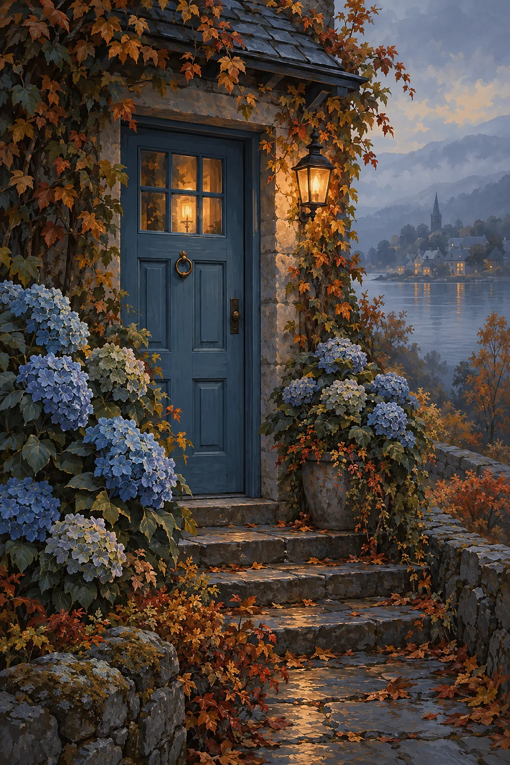 Portrait diamond painting kit featuring a moody artistic rendering of a blue front door surrounded by hydrangeas in deep blues, greys, and soft amber