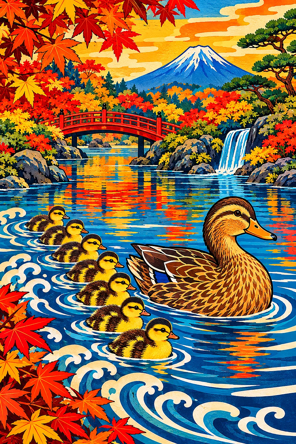 Portrait diamond painting of a mother duck and four ducklings in a line, in a traditional Japanese woodblock print style with autumn colors.