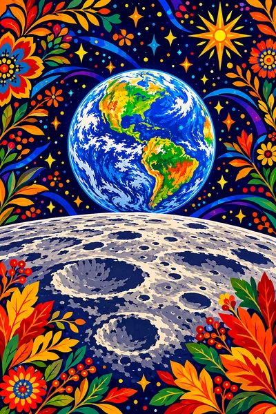Bright folk art illustration of Earth in rich autumn tones rising above a patterned moon, against a star-filled sky in a portrait orientation.