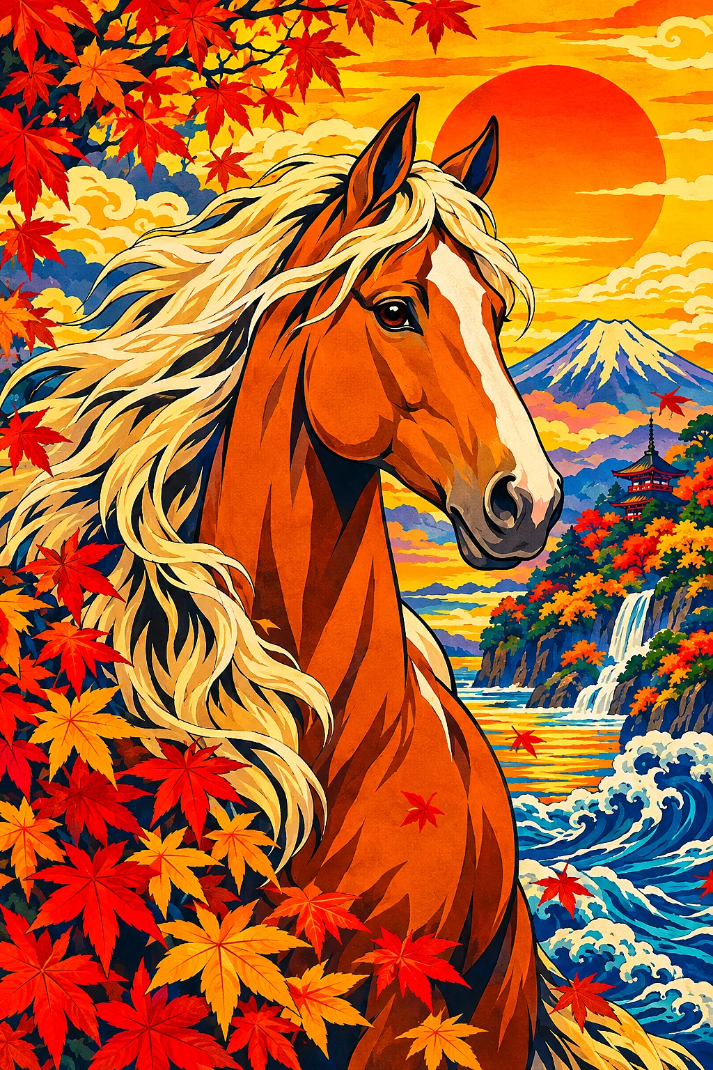 Portrait oriented diamond painting kit featuring a horse's head and neck in a traditional Japanese woodblock print style, surrounded by stylized autum