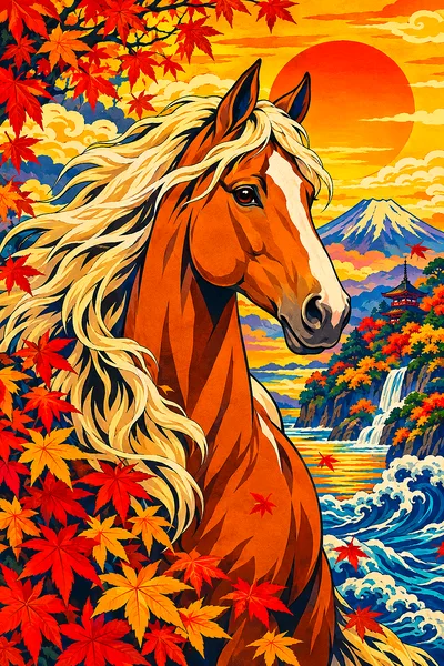 Portrait oriented diamond painting kit featuring a horse's head and neck in a traditional Japanese woodblock print style, surrounded by stylized autum