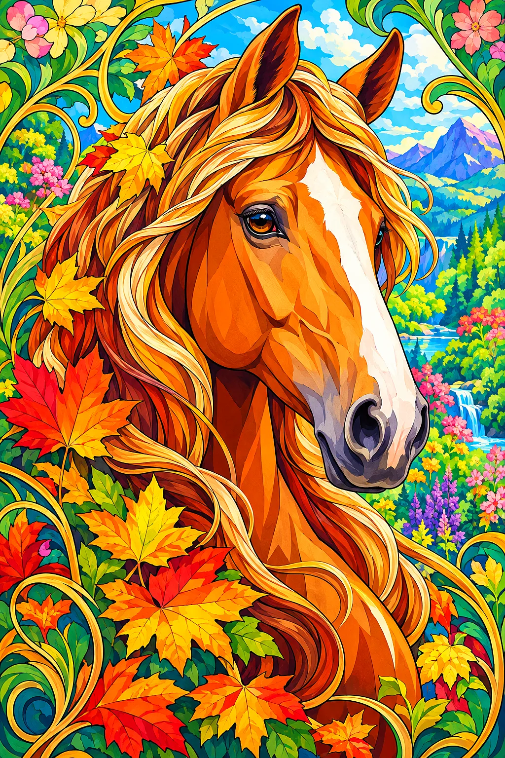 Art nouveau style diamond painting kit depicting a horse's head in profile, surrounded by swirling autumn leaves in bright spring colors, rendered wit