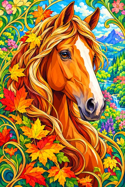 Art nouveau style diamond painting kit depicting a horse's head in profile, surrounded by swirling autumn leaves in bright spring colors, rendered wit