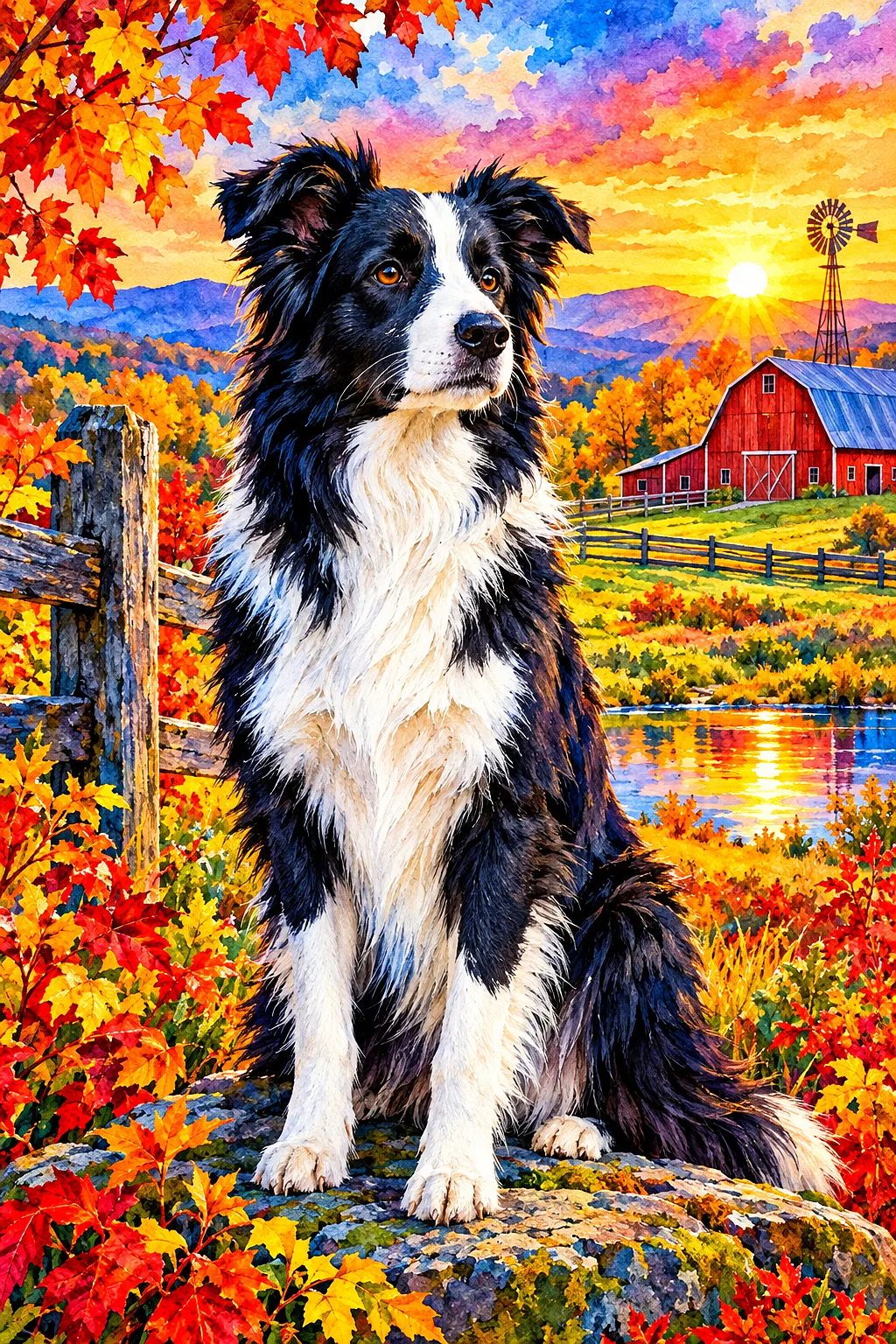 Portrait diamond painting of a border collie on a farm at sunrise, rendered in a luminous watercolor style with vibrant autumn colors and crisp edges.