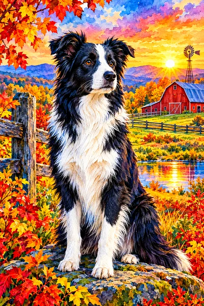Portrait diamond painting of a border collie on a farm at sunrise, rendered in a luminous watercolor style with vibrant autumn colors and crisp edges.