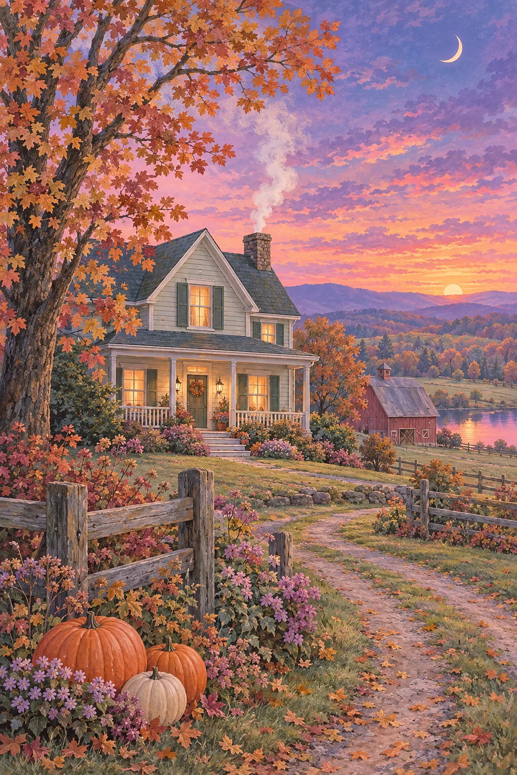 Portrait canvas of a soft pastel autumn farmhouse with smoke from the chimney at twilight, under a jewel-toned sky with powder pink, sage green, laven