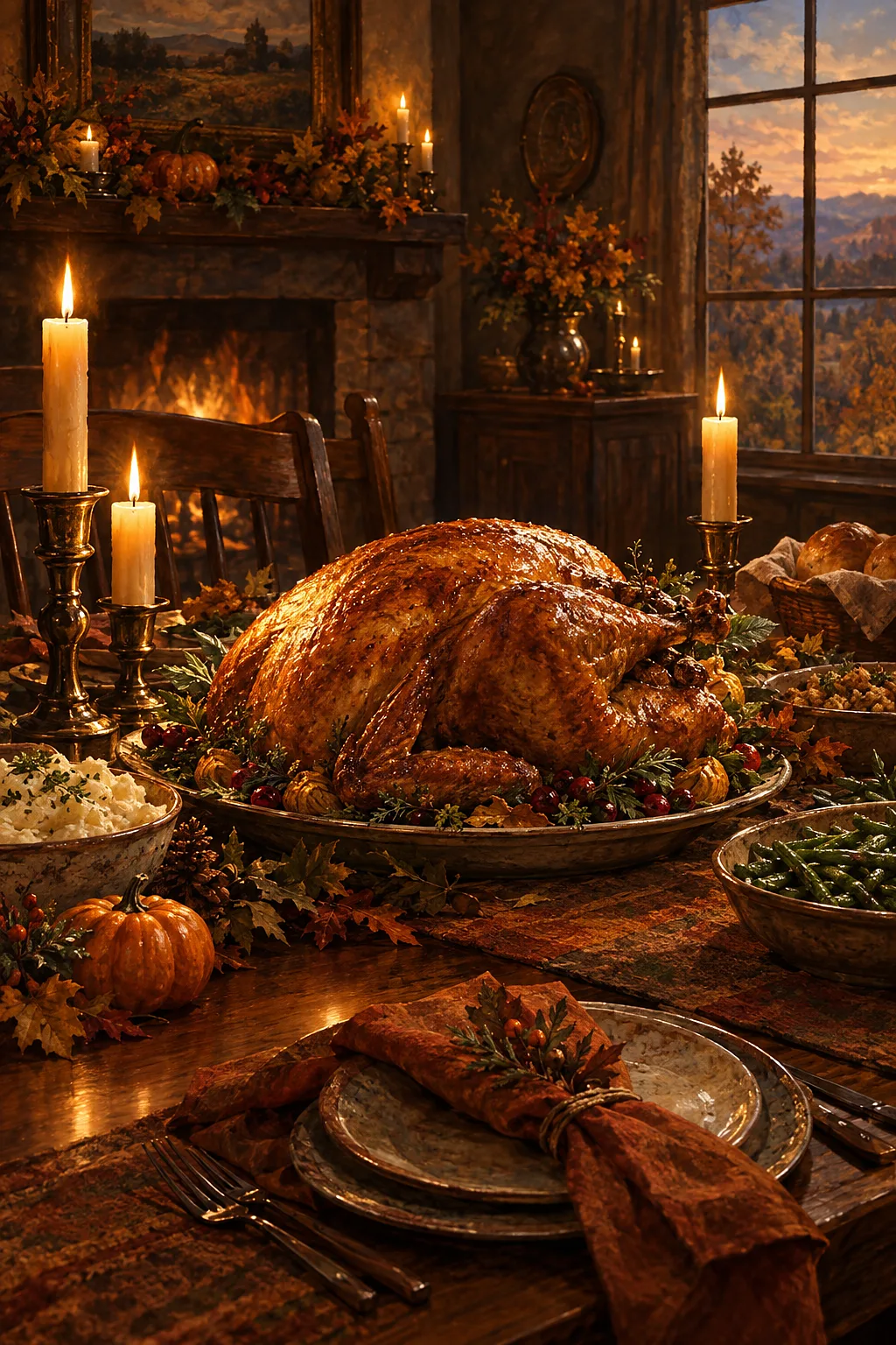 A classical oil painting style diamond painting featuring a Thanksgiving dinner table with a golden roast turkey, lit candles, and warm, earthy tones