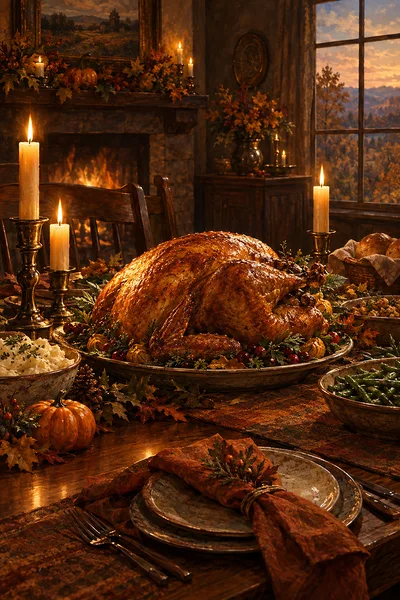 A classical oil painting style diamond painting featuring a Thanksgiving dinner table with a golden roast turkey, lit candles, and warm, earthy tones