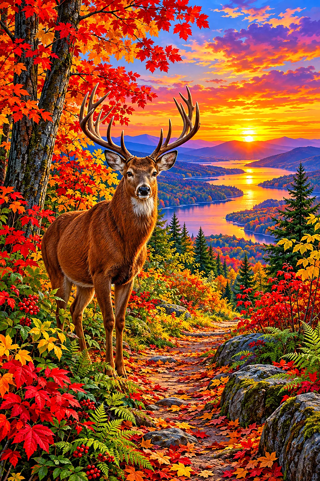 A completed diamond painting depicting a lush autumn forest path under a vivid sunset sky, with fine detail and natural colors.