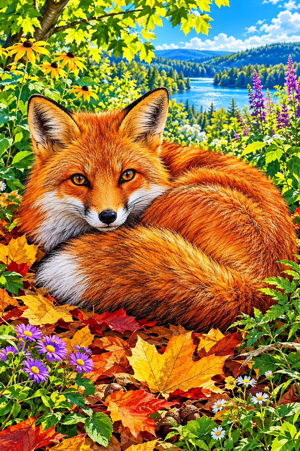 Portrait diamond painting of a red fox curled up asleep amidst a pile of vibrant red, orange, and yellow autumn leaves, depicted in a lush botanical i