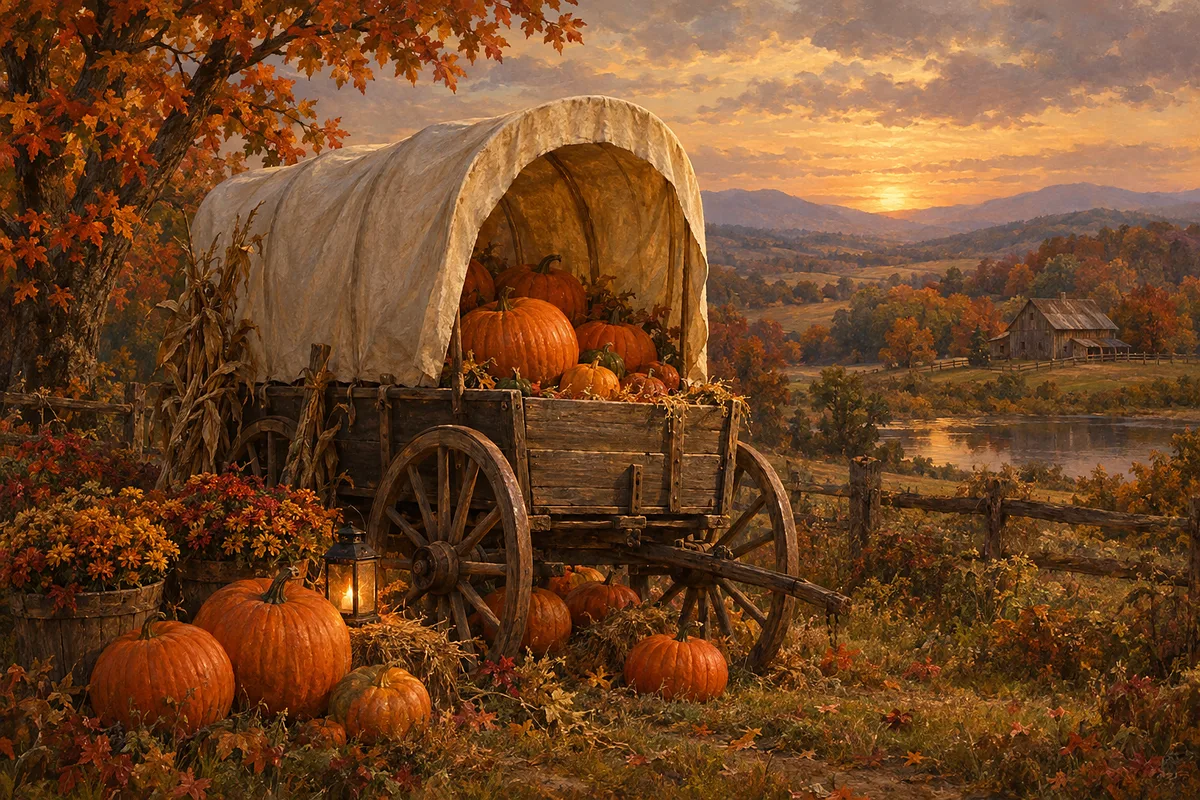 Landscape diamond painting kit with a covered wagon overflowing with orange pumpkins in a field, rendered in an old-world oil painting style with warm