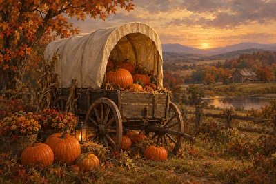 Landscape diamond painting kit with a covered wagon overflowing with orange pumpkins in a field, rendered in an old-world oil painting style with warm