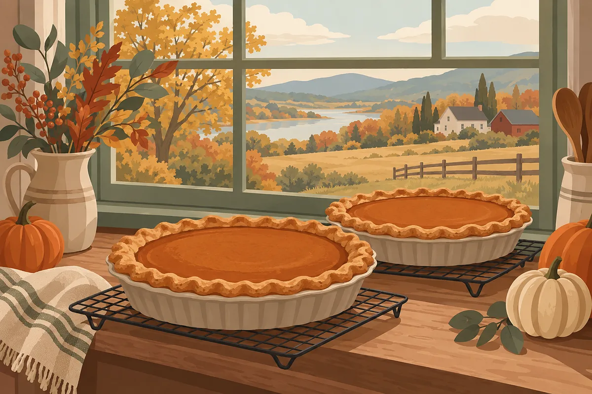 Modern boho illustration diamond painting kit of pumpkin pies cooling on a farmhouse windowsill in terracotta, sage, mustard, and sand colors.