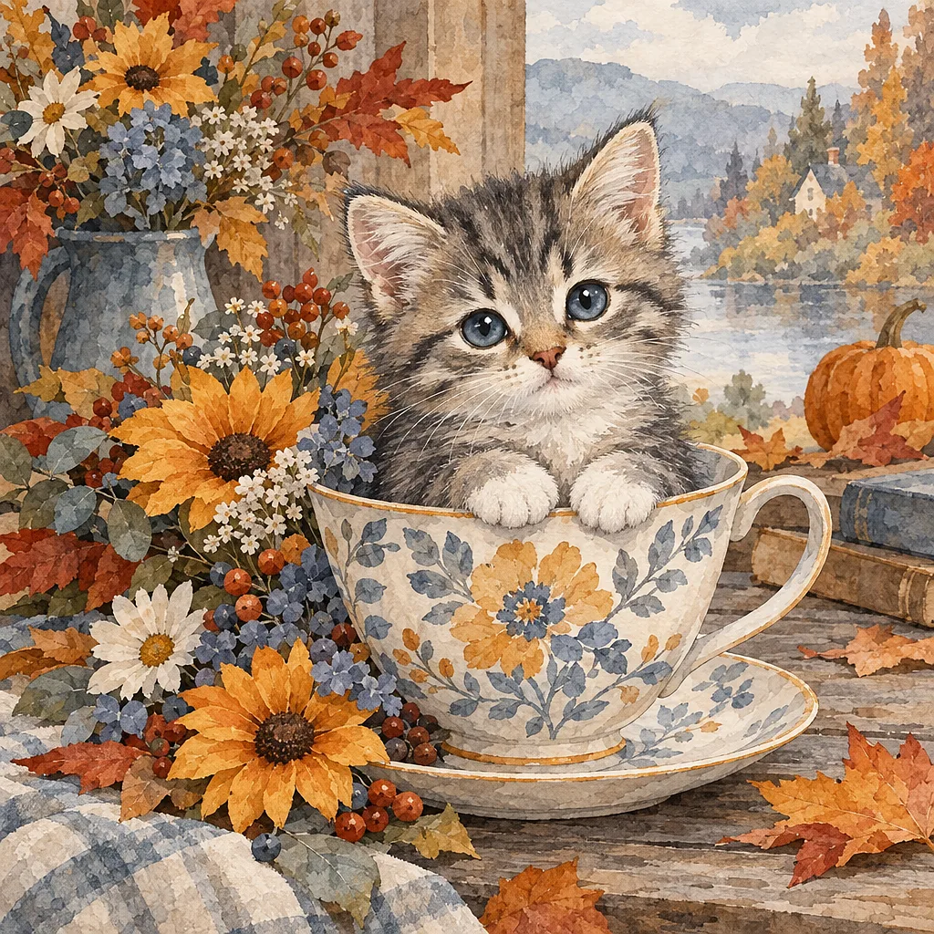 Close-up of a diamond painting kit design featuring a tiny kitten curled up in a teacup, surrounded by delicate autumn flowers in muted slate blue, gr